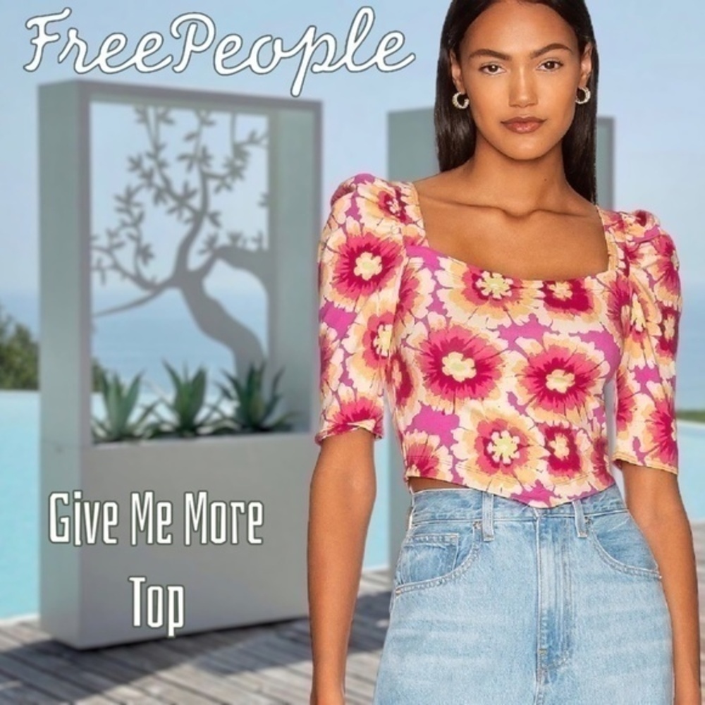 FREE PEOPLE Give Me More Pink Floral Puff Sleeve Open Back Fitted Crop Top-NWT